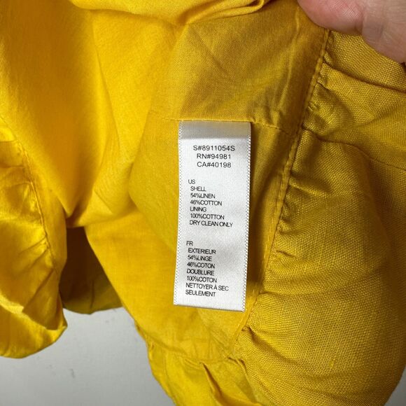 Yellow Linen Sleeveless Blouson Blouse Mini Dress Bead Bow Tie Front S - Picture 6 of 13